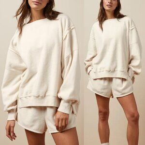 AE Oversized Big Hug Terry Cotton Sweatshirt S Cream Pullover crewneck Top $59